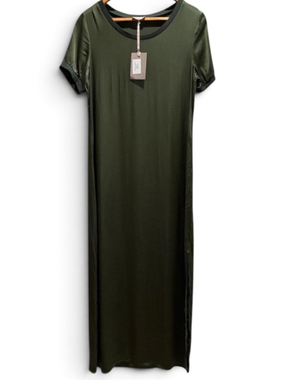 NWT SAIPH Italy Olive Green Viscose Maxi Dress Ribbed Knit Trim